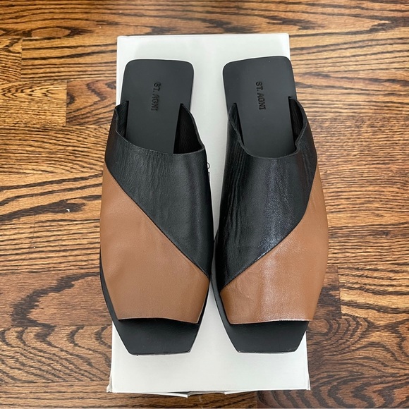 St. Agni’s Modernist Slide Asymmetrical Black Tan Square Toe sz 37 7 fits 6.5 - Picture 6 of 8